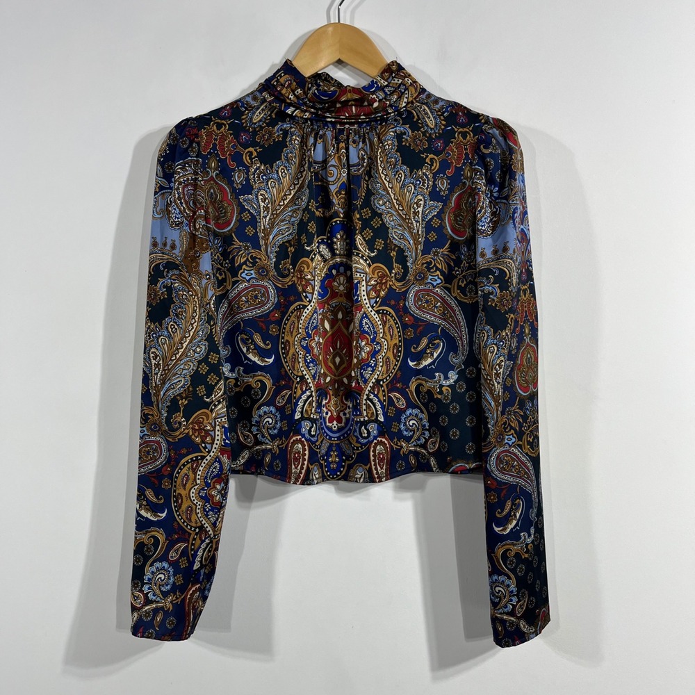 Rachel Zoe Navy Paisley Long-Sleeve Mock Neck Blouse
